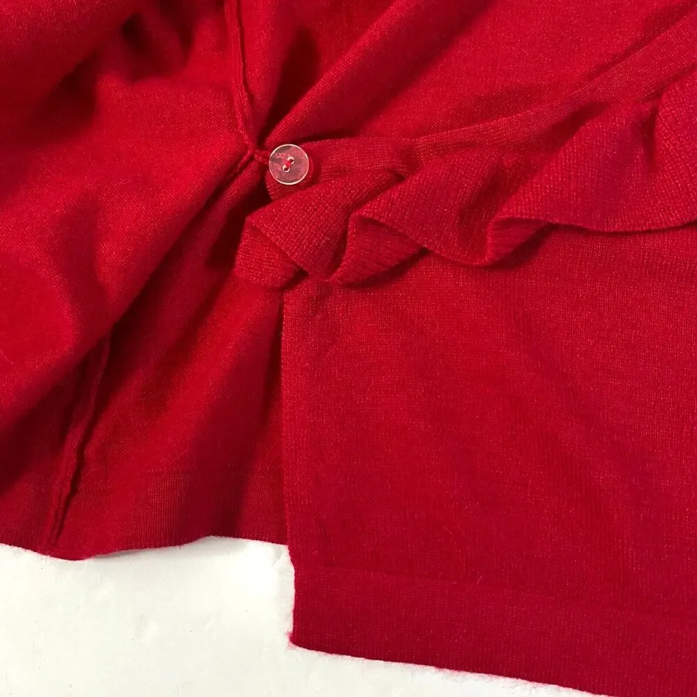 Elena Solano Merino Wool Wrap Sweater Womens Small Red Ruffled Neckline Flaw